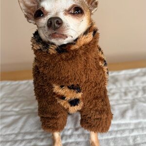 🐾 Leopard Print Fuzzy Full-Body Dog Jumpsuit – Size XS 🐾